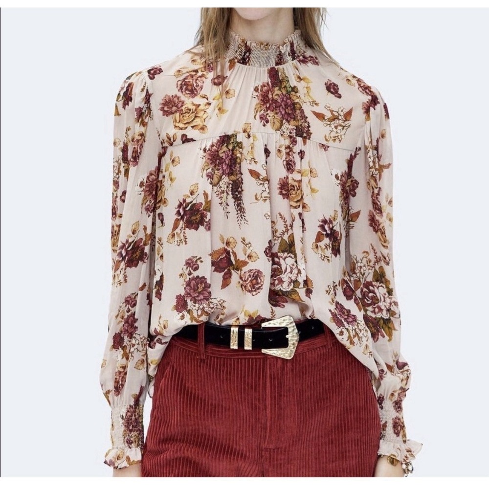 Zara Women's Floral Print Blouse Size XS Ballon Sleeves Lightweight Old Money